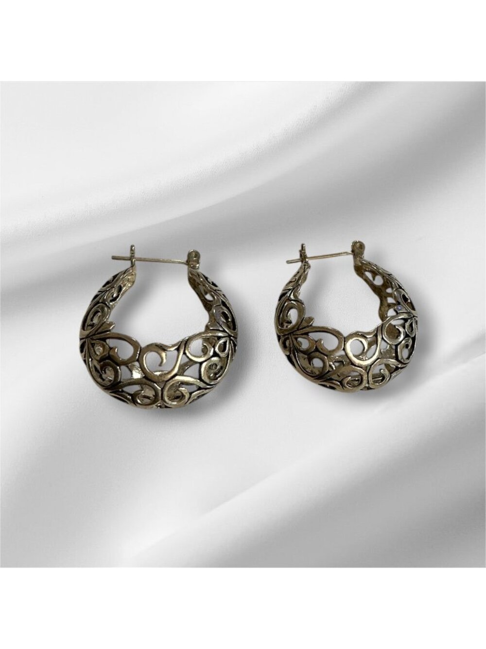 Vintage Sterling Silver Filigree Scroll Crescent Hoop Earrings 1" x 1"